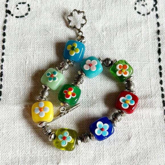 Colorful Square Flower Glass Beaded Bracelet 925 Sterling Clasp - Picture 5 of 11